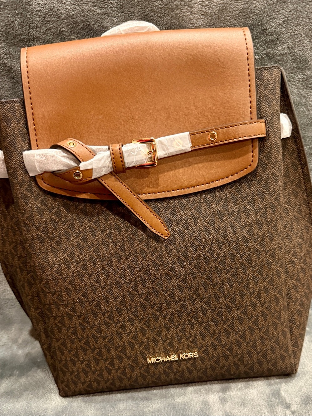 Michael Kors Brown Signature Backpack with Tan Leather Flap NWT
